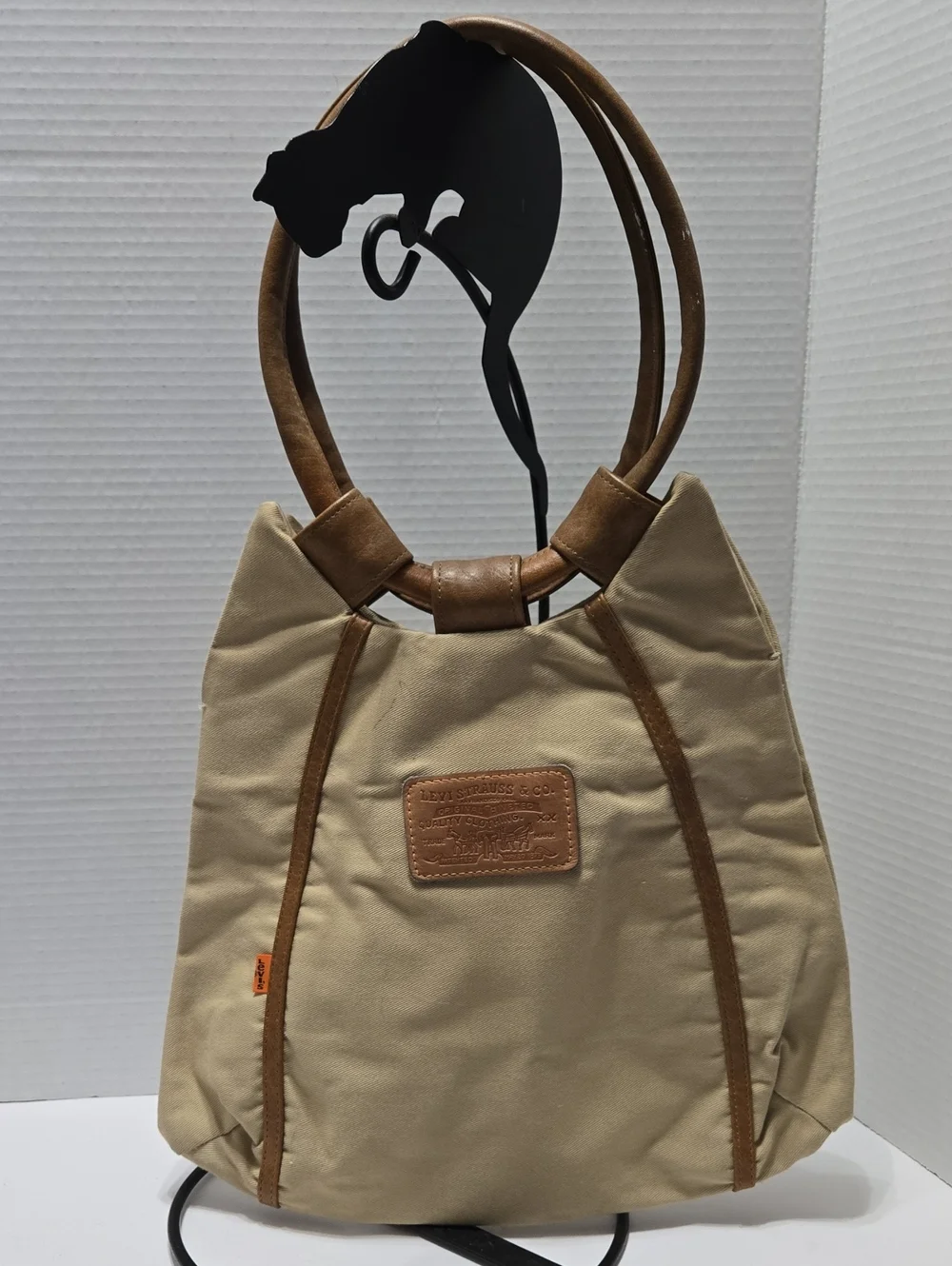 Levi's beige cotton canvas tote W/ brown leather trim & structural top handles